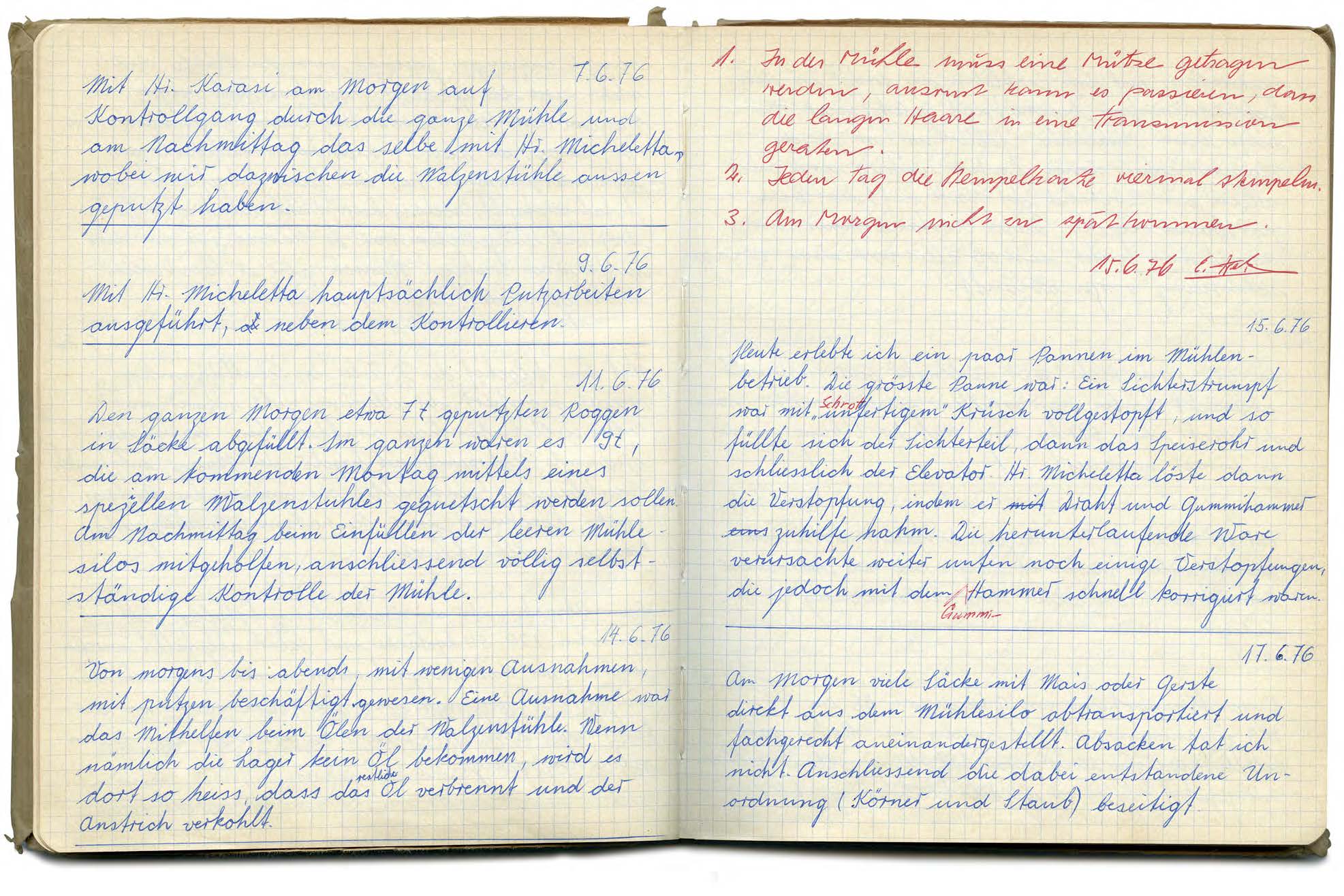 Hinweise auf Risiken und Pannen aus dem Arbeitsbuch von Heinz Gygax, Müllerlehrling im Tiefenbrunnen von 1976 bis 1979. Reproduktion.
